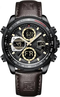 Imagen del producto de Reloj digital-analógico de cuarzo para hombre, con correa de cuero, estilo militar, resistente al agua, multifunción, con pantalla LED, indicador de fecha y cronógrafo, diseño deportivo y elegante