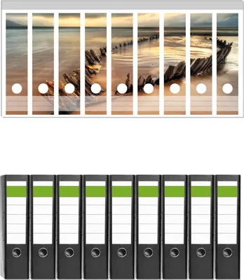 Produktbild von Wallario 9 Stück breite Ordner inkl. Klebeetiketten mit Motive Bootswrack in Irland am Strand -  Set mit Rückenschildern / Ordnerrücken Stickern
