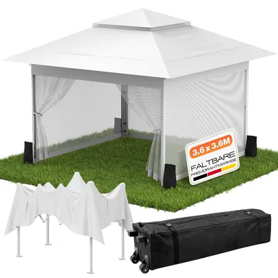 Produktbild von Arvioo Pavillon 3,6x3,6m, Wasserdicht Partyzelt, Pop Up Faltpavillon mit Moskitonetz Seitenteilen und Sandsäcke, Höhenverstellbar Gartenpavillon, Weiß