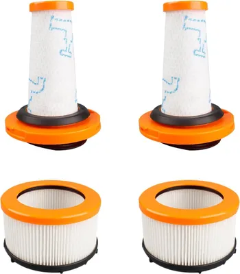 Four vacuum cleaner filters are displayed against a white background. Two are upright cylindrical filters with orange tops and black seals, and two are shorter, wider cylindrical filters with orange rims and black bases.