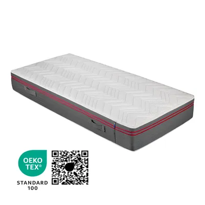 A mattress with a chevron pattern on top, gray sides, and red trim, shown at an angle on a white background.