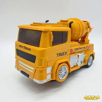 A yellow toy cement mixer truck is shown from a three-quarter front angle against a white background.