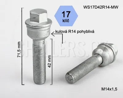 Obrázok produktu pre Skrutka kolesa M14x1,5x42 guľa R14 pohyblivá, kľúč 17, WS17D42R14-MW, výška 71,5 mm
