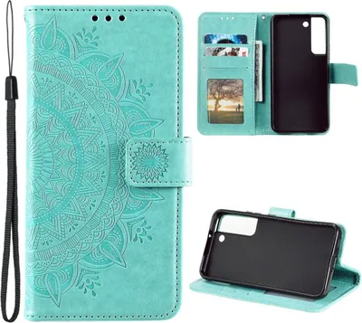 A collage of images showing a teal flip phone case with a mandala design, and the inside of the case with card slots and a phone holder.