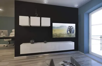 Immagine prodotto di Furnitech Parete attrezzata soggiorno - Mobili da soggiorno con LED RGB - 16 colori - Parete attrezzata moderna - Scaffali e mobile TV (AN13-18W-HG2 1A)