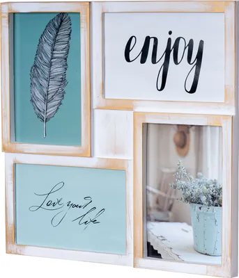 A multi-photo frame with decorative elements and text.