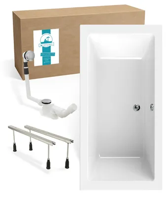 Produktbild von Calmwaters® Rechteck Badewannen-Set 190x90 cm mit Wannenfüßen & Ablaufgarnitur, Acrylwanne Modern Square 2, Körperformwanne, Set Badewanne komplett, 190 x 90 cm, Weiß, 99000308