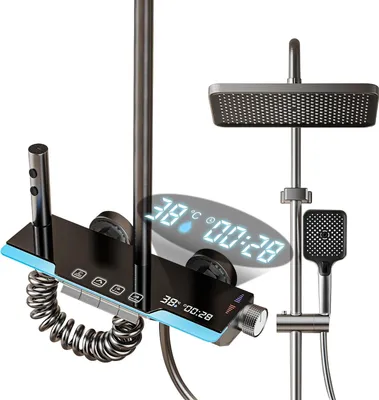 Produktbild von Badezimmer Duschsystem - Thermostat Regendusche Set - LED Duschkopf - Armatur mit Digitalanzeige - Höhenverstellbar - Poliertes Aluminium - Digitale Ambient-Beleuchtung