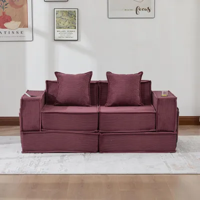 Produktbild von okwish Modulares Sofa Zweisitzer-Sofa Wohnzimmersofa mit zwei Kissen und seitlicher Aufbewahrungstasche Loungesofa Schlafsofa mit Getränkehaltern und Armlehnen Weinrot