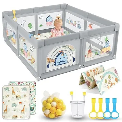 Imagen del producto de Cuna para bebé de 150x180 cm con colchón, y parque infantil para bebé que incluye 60 bolas