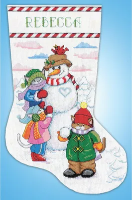 Immagine prodotto di Kit per ricamo a punto croce Design Works "Calza di Natale con pupazzo di neve e gatti", schema contato, 43x30cm