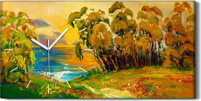 Produktbild von Wandbild Leinwand Bilder mit Uhr 60x30 Gemälde Wiese Wald Himmel Sonnenuntergang - weiße Hände