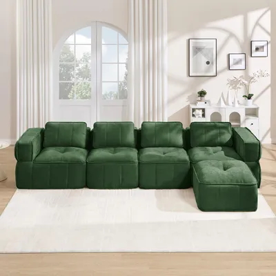 Productafbeelding van Modulaire hoekbank voor 4 personen, met 32D-schuim, inclusief ottoman, diepe zitkussens, comfortabel (geel)