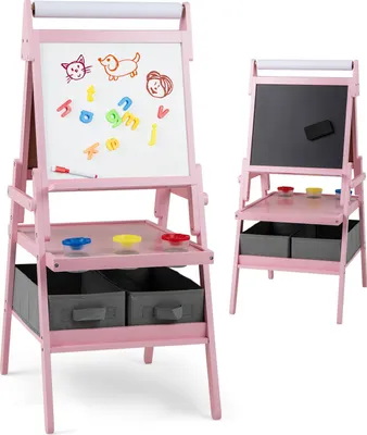 Produktbild von DREAMADE Staffelei für Kinder, doppelseitige Malstation mit magnetischem Whiteboard, Kreidetafel, Papierrolle, Ablagefächern, für 3–10-Jährige Pink