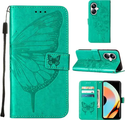 Produktbild von Lederhülle für Realme 10 Pro+ 5G Schmetterling Prägung Flip Ledertasche Kartenfächer Handyhülle mit Ständer Grün