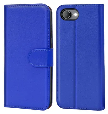 A blue flip case for a phone is shown from the front and back.