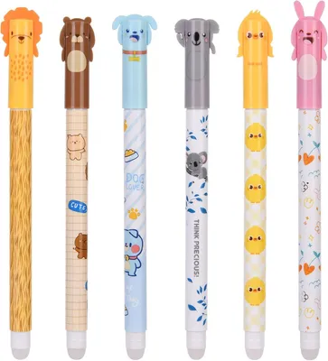 Produktbild von Radierbare Stifte – Set mit 6 Stück – 0,5 mm Spitze, blaue Tinte, Radierstifte zum Schreiben – mit Tiermotiven