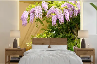 Produktbild von MuchoWow® Fototapete für Wohnzimmer oder Schlafzimmer Wandtapete Vinyl Motivtapete Blauer Regen auf gelbem Hintergrund - 280x280 cm - Hintergrundbild