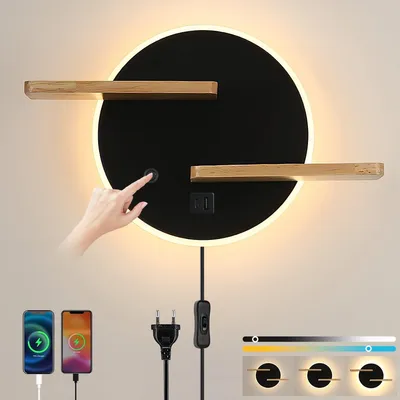 Produktbild von KZT Wandleuchte Innen Nachttischlampe Dimmbar Touch Schalter LED Wandlampe mit Kabel USB + TYPE C Ladeanschluss Wandbeleuchtung Schlafzimmer Bettlampe Leselicht für Schlafzimmer Wohnzimmer Hotel – Sch