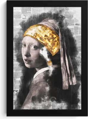 Produktbild von MuchoWow® MuchoWow® Gerahmtes Poster Mädchen mit Perlenohrring - Johannes Vermeer - Zeitungsartikel - Gold 20x30 cm - Poster mit zchwarzem Bilderrahmen - Drucken - Bilder Poster im Rahmen