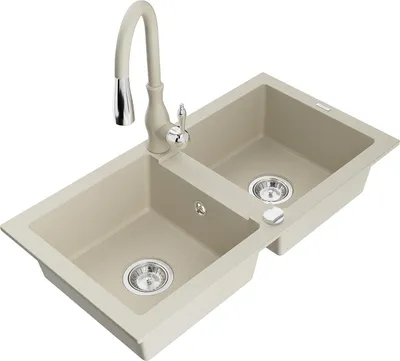 Produktbild von Mexen Mario 2-Becken-Granitspüle mit Mischbatterie Savita, Beige - 6504-69-672601-69