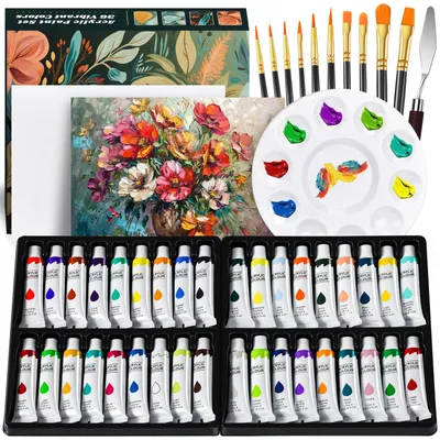 Produktbild von Acrylfarbe Acrylmalfarbe - Set mit 36 Farben - Mit Pinseln und Leinwand