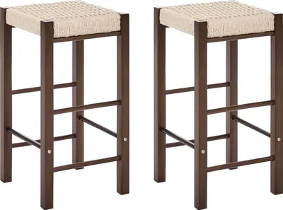 Produktbild von BELIANI Barhocker 2er Set Dunkelbraun Gummibaumholz 66 cm hoch ohne Lehne mit Fußstütze Geflochtene Sitzfläche Boho Design Holzhocker Sitzhocker