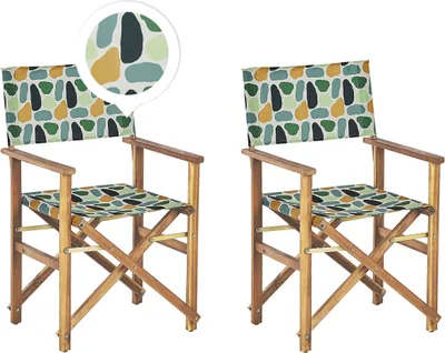 Produktbild von BELIANI Gartenstühle 2er Set Helles Akazienholz mit Wechselbaren Stoffbezügen Cremeweiß und Bunt Fleckenmotiv Zusammenklappbar Outdoor Gartenzubehör