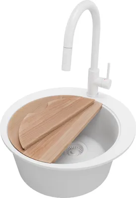 Produktbild von PRIMAGRAN Granitspüle Alles Weiß 50x50cm, Spülbecken Rund 1 Becken + Ablauf-Set + Küchenzubehörset, Küchenspüle ab 45er Unterschrank - Pisa