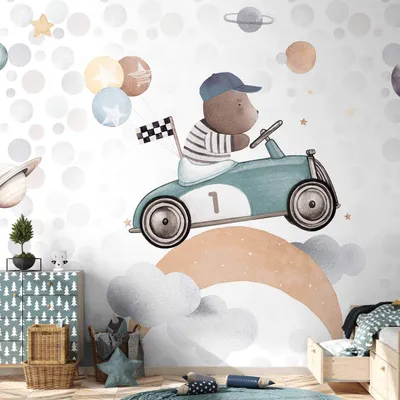 Produktbild von Vlies Fototapete - Teddy Bear in a Racing Car 250x175 cm Für Kinder e-C-10064-a-a