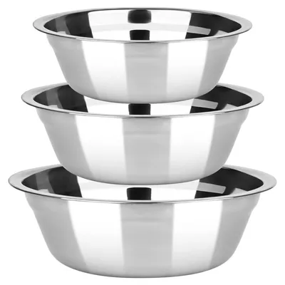 Zdjęcie produktu dla Zestaw misek do mieszania ze stali nierdzewnej, 3 sztuki, o pojemnościach 18/20/22 cm, możliwość układania jedna na drugiej, nadają się do mycia w zmywarce
