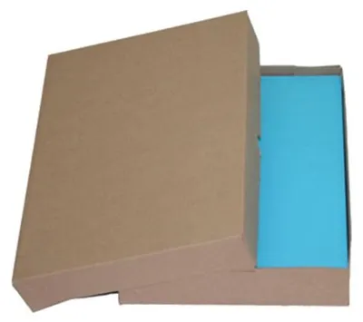 A brown cardboard box with a blue insert, shown from a slightly elevated angle.