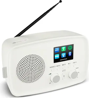 Zdjęcie produktu dla Radio internetowe MEDION z DAB+ LIFE IRE-1 (Wi-Fi, radio FM DAB Plus, Bluetooth, korektor dźwięku, ochrona przed kapaniem wody, antena teleskopowa, Spotify Connect, budzik, funkcja drzemki, regulowany ściemniacz wyświetlacza) białe