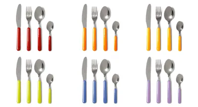 Six sets of cutlery, each in a different color, arranged in a grid.