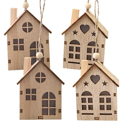 Produktbild von Deko-Häuschen 4er Set Holz zum Aufhängen Ganzjahresdeko H8 B6,5 cm – Logbuch-Verlag