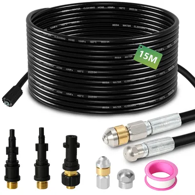 Produktbild von Jopassy Rohrreinigungsschlauch Set 15M, mit Düsen starr + rotierend, 3 Adapter, für handelsübliche Hochdruckreiniger, universelles Rohrreinigungs Set