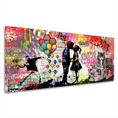 Produktbild von Liebespaar Street Art Graffiti Leinwandbild Wandbild Kunstdruck XL Wanddeko: 175x70x4cm