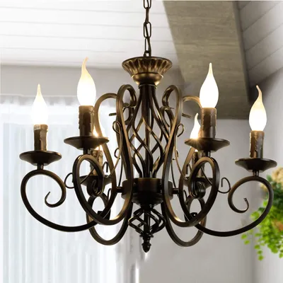 Kronleuchter 6-flammig, schwarz, Schmiedeeisen, antiker Stil, 53 cm