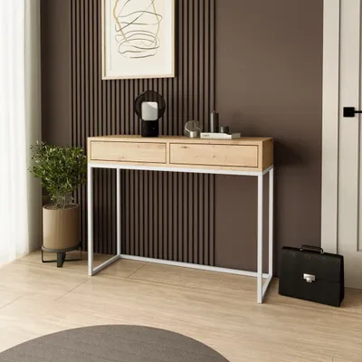 Produktbild von BEAUTYSOFA |  Konsolentisch LANGO 100 cm - Konsole mit 2 Schubladen, Schminktisch, Eiche Artisan mit Metallbeine in Weiß