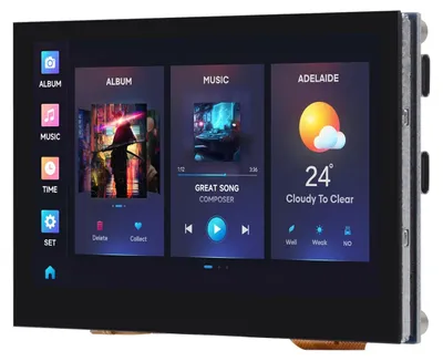 Productafbeelding van ESP32-S3 ontwikkelingsbord met 4,3-inch capacitief touchscreen, 2,4 GHz WiFi en BLE 5 ondersteuning, 32-bits LX7 dual-core processor, en geïntegreerde flashgeheugen en PSRAM met hoge capaciteit
