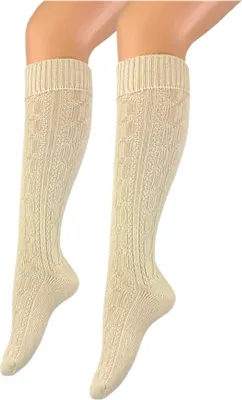 Produktbild von klassische Damen und Herren Trachtenstrümpfe Wanderstrümpfe Wandersocken Kniestrümpfe mit edlem Strickmuster Zopfmuster kniehoch beige – Oktoberfest