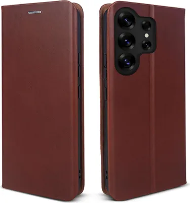 Two views of a brown leather flip phone case for a Samsung Galaxy S25 Ultra.