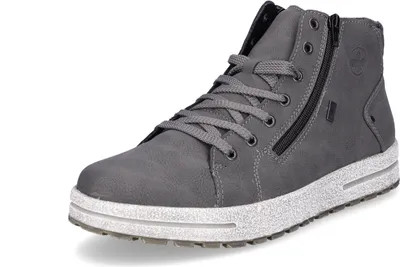 A single gray high-top sneaker is shown against a white background.