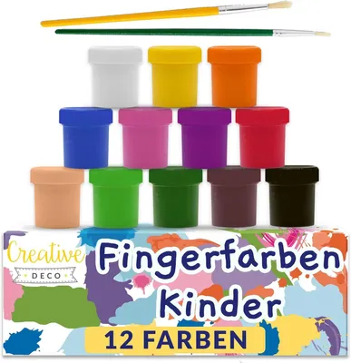 Produktbild von Creative Deco Kinder-Farbe Fingerfarbe Bastel-Farbe Plakat-farbe Set | 20 ml x 12 Mehrfarbige Becher | Grund, Leuchtstoff, Glitzer, Metallic & Neonfarben | Perfekt für Anfänger Studenten Künstler