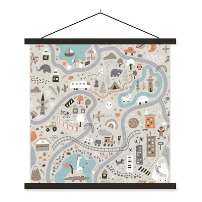 Produktbild von MuchoWow® Textilposter Auto - Kinder - Stadt - Tiere 90x90 cm mit schwarzem Rahmen - Magnetisches