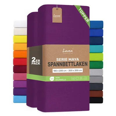 Produktbild von Lavea® 2er Pack Topper Spannbettlaken 180/200x200 cm, Bettlaken aus 100% Baumwolle Jersey – Für Topper bis 10 cm Höhe – Weich, Fliederlila
