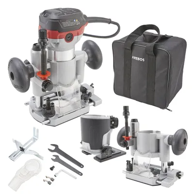 Produktbild von AREBOS Oberfräse | Holz Fräse Fräsmaschine mit 6 Geschwindigkeitsstufen | 710W Spindelarretierung | Tauchbasis & Trimmer | Spannzange Ø Werkzeugtasche