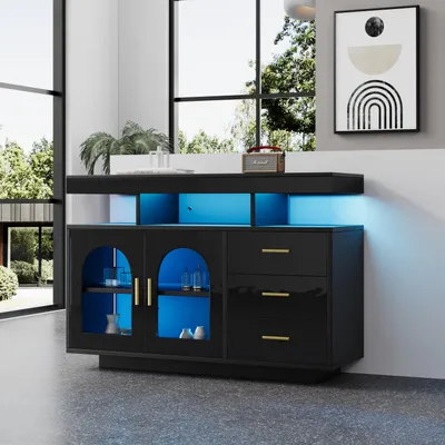 Produktbild von MODFU Kommode Sideboard mit LED-Beleuchtung, Buffetschrank Kaffeebarschrank für Wohnzimmer, Schlafzimmer, Küchenschrank mit 16-Farben-Lichtern,Schwarz