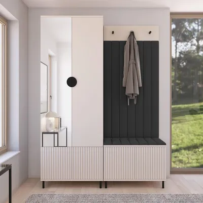 Produktbild von Garderoben-Set Ritmo Version 1 –gefräster Kleiderschrank mit Spiegel, mit hohen Füßen, gepolsterte Wandpaneele, , für den Flur (cashmere, Trinity 16)