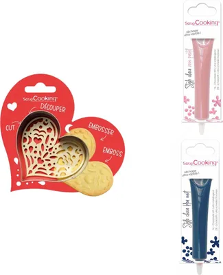 Produktbild von Herz-Relief-Keks-Set + 2 Schokoladenstifte in Pastellrosa und Mitternachtsblau